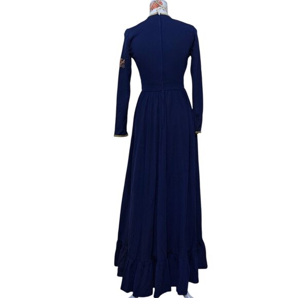 Vintage Pat Richards Sz Small Navy Blue Maxi Dress Gold Trim Embroidered Eagle - Picture 3 of 11